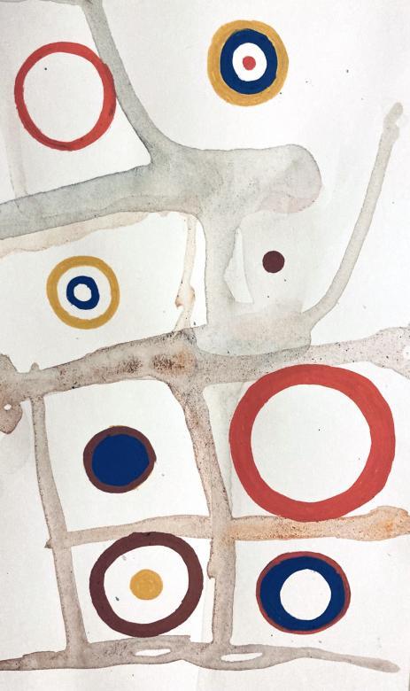 A white background with watercolor circles in red, purple, brown, and golden yellow. The circles vary from outlines to bullseye shapes. A grey gridwork watercolor line goes across the piece between the circles. 