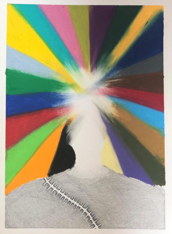 A gray figural form in the bottom portion of the drawing comes up to a faceless point in the place of a head in which white space blurs into bright colors radiating out through the background. Across the chest of the figure from the left hand side is a spine like white curve with lines accross. 
