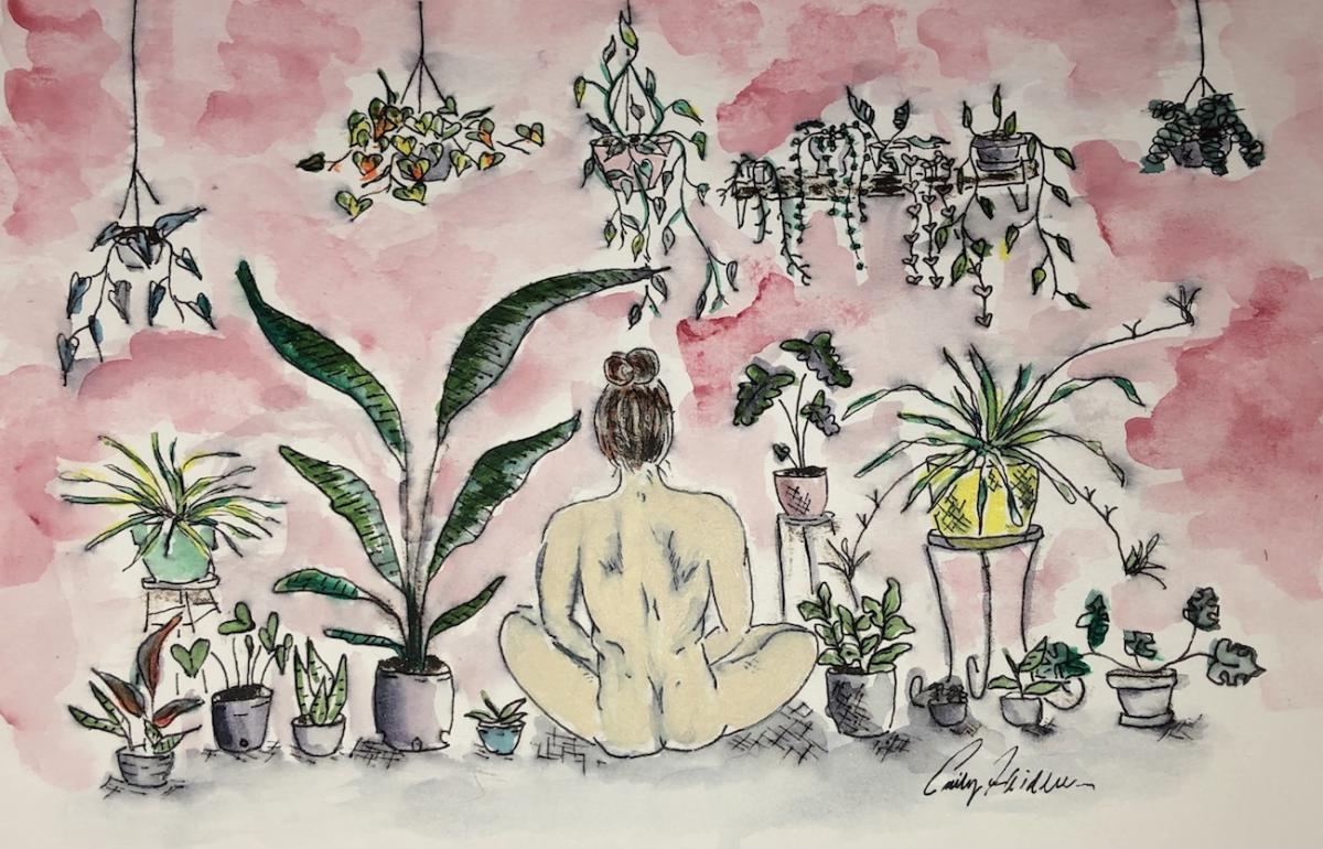 a nude girl sitting with her back turned surrounded by plants