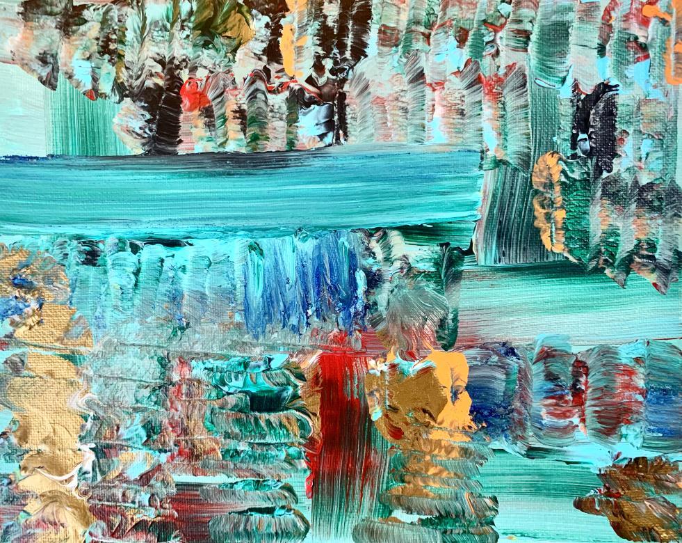 Abstract acrylic painting utilizing textured paint strokes tracking vertically and horizontally. Largely comprised of light teal blue colors with yellow brown, red, dark blue, white, dark brown, and green. 