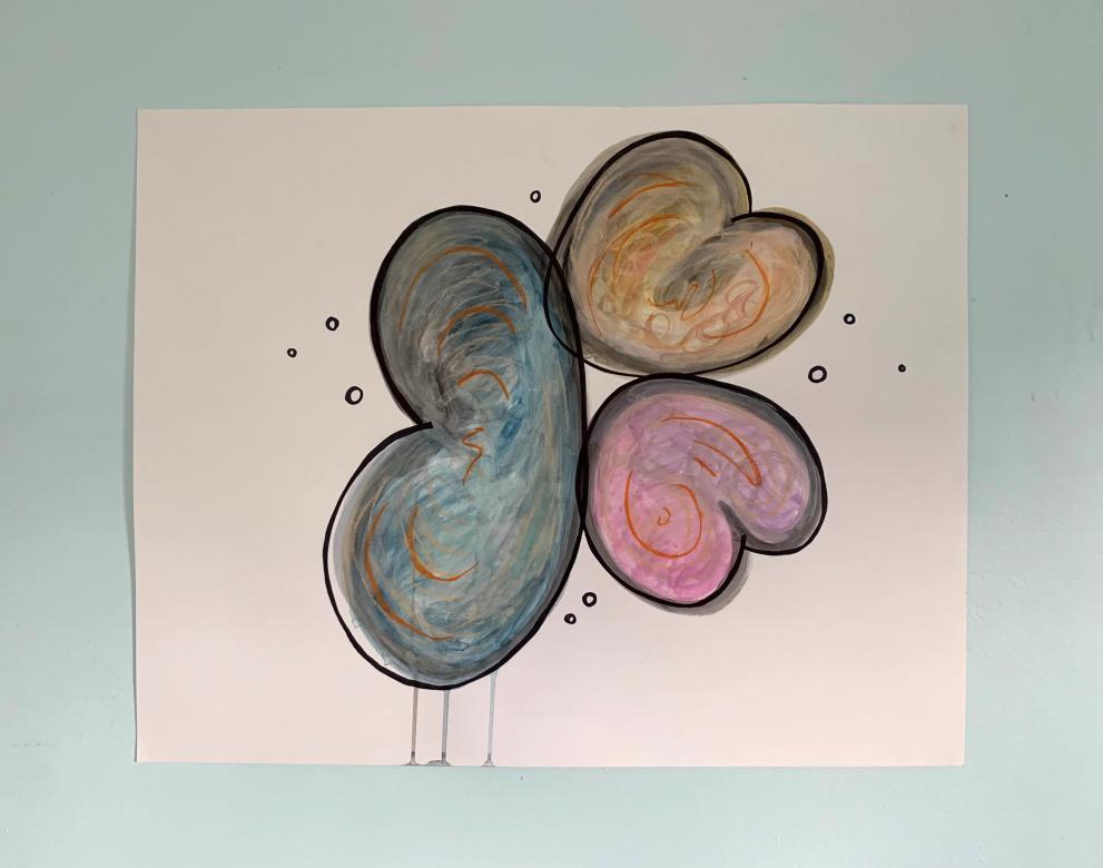 Three distinct shapes coming together on a white background. One shape appears as a large backwards "B" outlined in black with blue tones and neutrals painted inside. To the right touching the upper portion of the "B" is a heart like shape outlined in black painted in with neutral yellows and tones. On the bottom right mirroring the heart shape is a second heart shape outlined in black filled in with neutral magenta and pink tones. There are some small black outlines of circles between the shapes. 