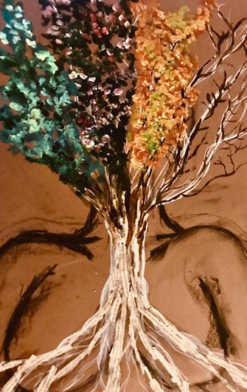 Drawing of an upper half of a figural form with no face, white roots spread upward from the chest covering the face along with black branches and colored leaves. 