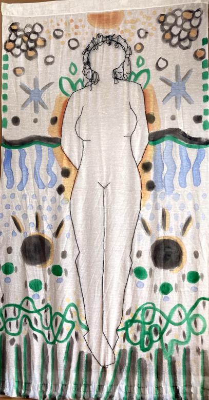 Large stitched black outline of a figure with no features other than black stringy short hair. Around the figure are orange, blue, green, and black symbols and shapes creating a landscape. 