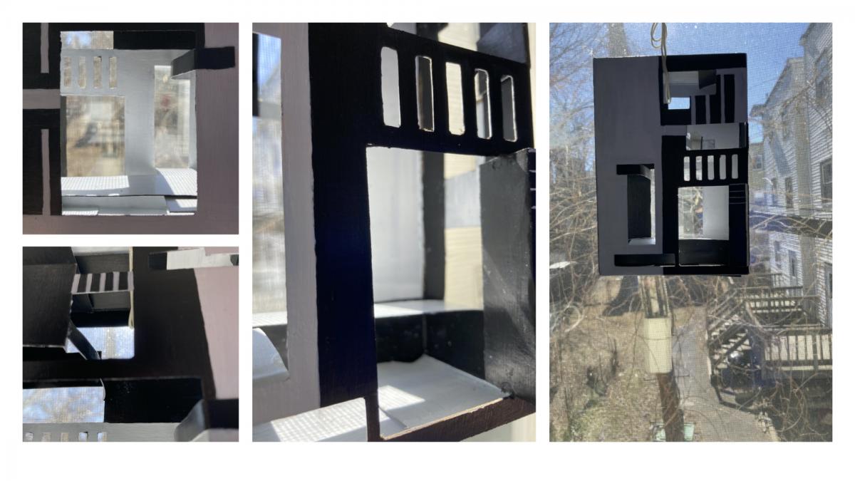 Three views of a cardboard and acrylic black and white building with windows and stairs. It is attached to a window overlooked a sunny day outside with trees. 