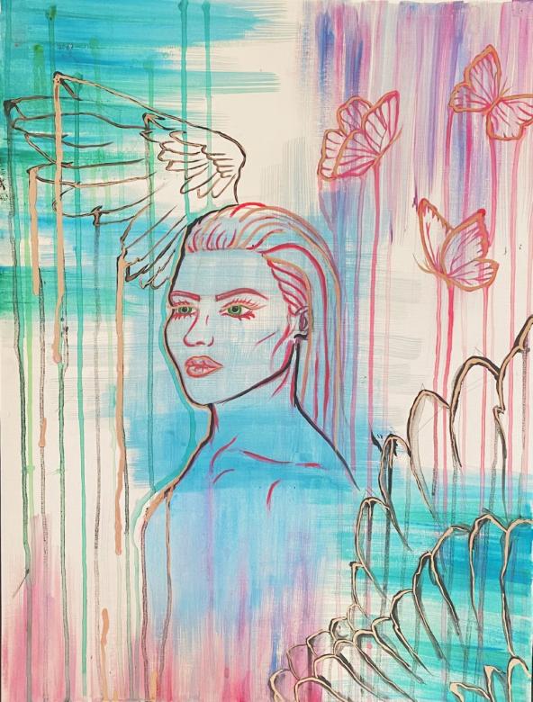 painting of girl with blue and pink watercolors
