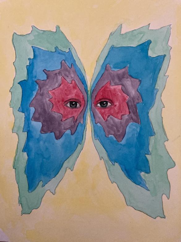 Two eyes staring at the viewer through pink, purple, and blue jagged wing like shapes on a neutral colored background. 