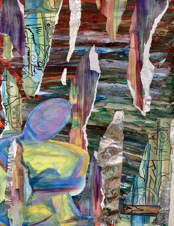 Bright multicolored collage and drawing featuring ripped paper in a variety of blurred colors. There is a faceless figural form in the bottom left with its arms wrapped around itself. In the background behind some of the rips are black and white line drawings of city and landscapes. 