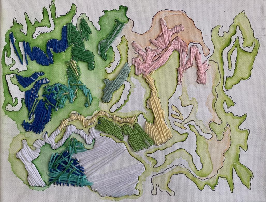 Large organic jagged shape outlined in black marker on white canvas. Shape is filled in with watercolor green tones, peach, and pink tones. Some areas of the shape are stitched over with royal blue, white, light yellow, green, and yellow green embroidery thread. 
