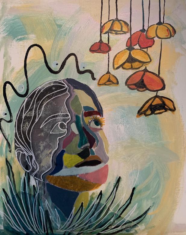 Figural painted portrait of a grayscale person with muted colors on their face looking up into the righthand corner to orange and red flowers hanging upside down from black stems. White and black lines create curves and 