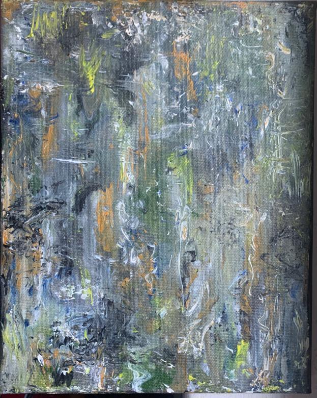 A vertical abstract painting featuring grey, white, black, yellow, orange, and blue tones. 