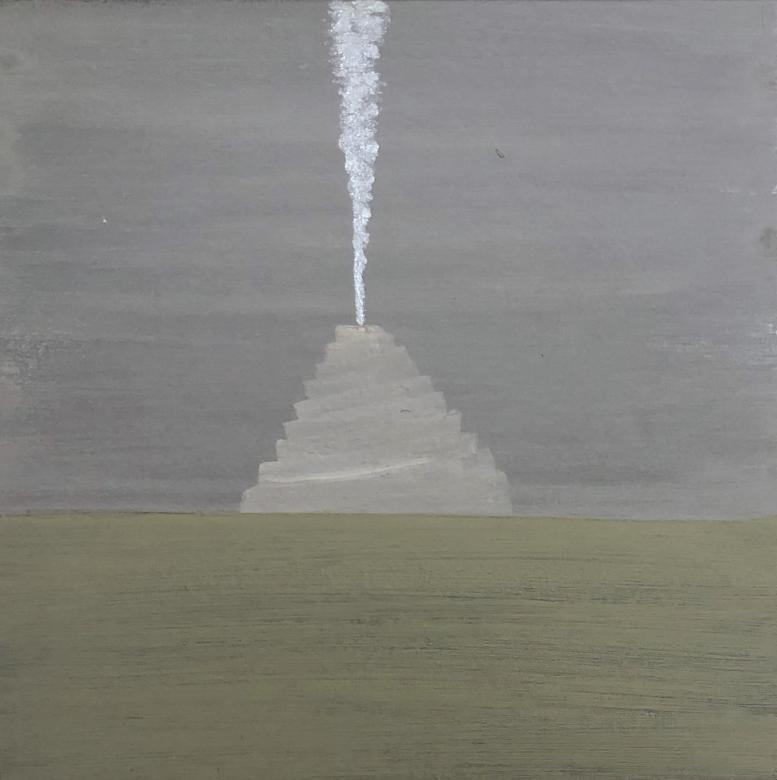 A square painting showing a dark blue grey sky with a muted green foreground. On the horizon line is a light gray triangular volcano like shape emitting a steady white line of smoke straight to the top edge of the painting. 