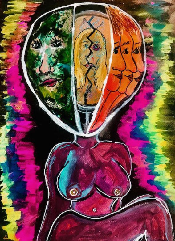Painting of a magenta toned unclothed figure sitting facing the viewer with legs crossed, in the place of a head is a large oval shape featuring three distinct faces within. The background is black with a variety of neon colors. 