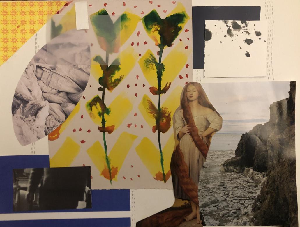 Collage on a white background featuring yellow, blue, and black sections of paper. In the bottom right corner is an image of a beachside cliff, in the center is a long red haired renaissance woman, beside her is some yellow chevron markings with green and red plant like stalks. 