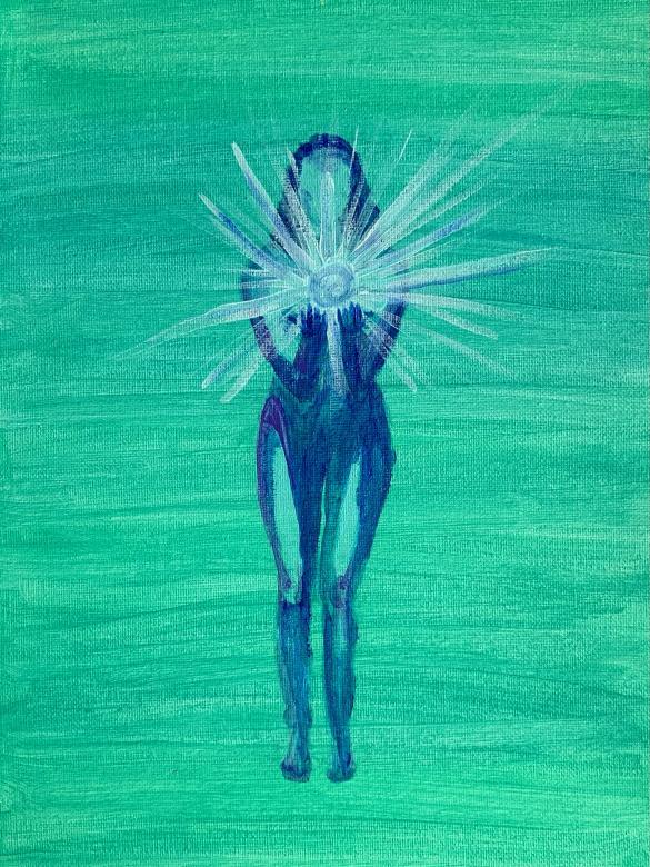 Green blue painted background with a royal blue faceless figure standing in the center bending forward holding a white and blue glowing ball. 