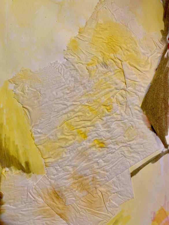 Yellow, gold, white, and beige tones in watercolor across a piece of vertically oriented paper. Diagonally towards the upper right corner is ripped and crinkled white tissue paper with golden yellow tones at varying points.  
