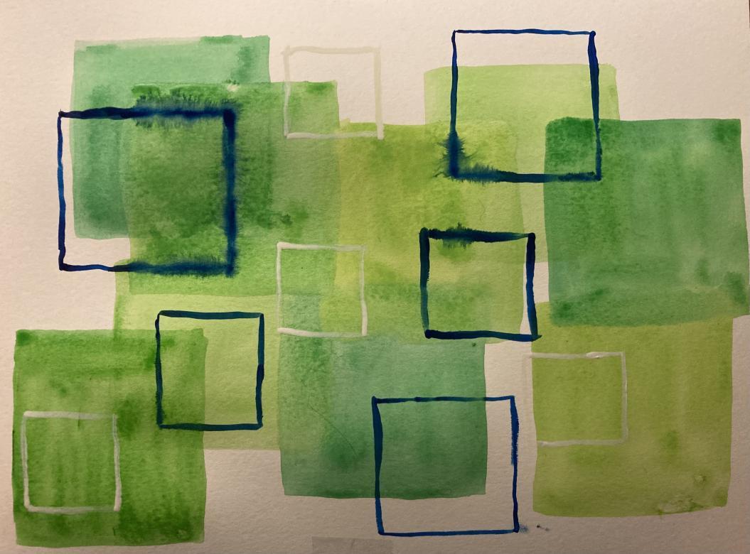 Squares in different shades of green overlap along with black and white outlined squares. 