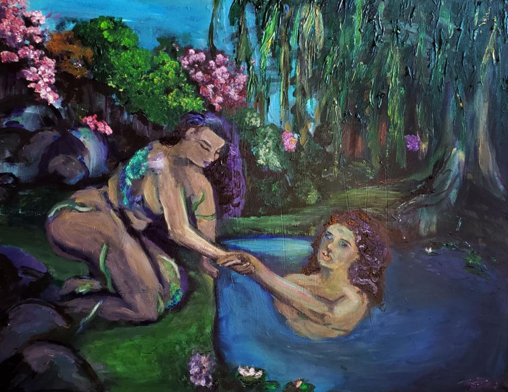 painting of a woman in a pond holding another woman's hand who is kneeling down next to the pond