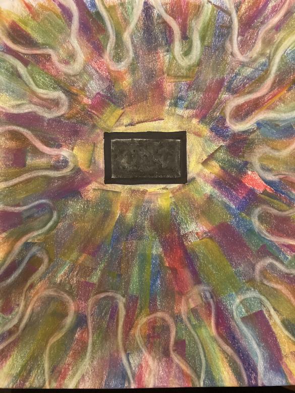 Shimmery rainbow colors swirling in to the center of art piece where there is a small horizontal black rectangle 
