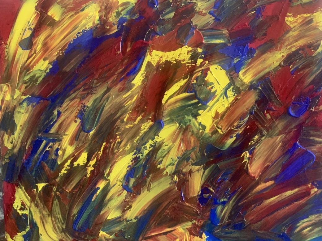 Red, yellow and blue colors are abstractly painted in all different directions. Some areas have a texture to it. You will see some of the colors blending together to create secondary colors. It looks like the colors are splashing all around and merging together.