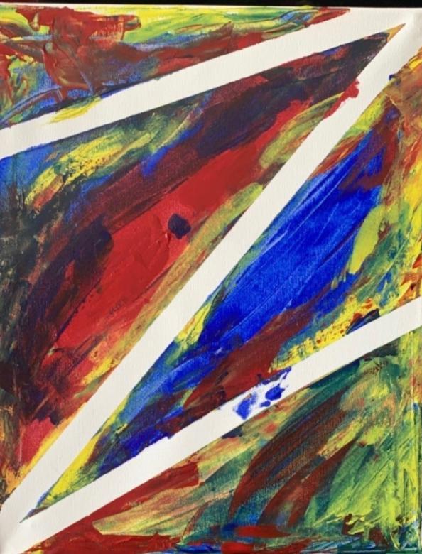Blue, red, and yellow colors are splashed all around the canvas. Some darker hues of blue can be seen, along with the color green that was created from colors joining together. A Big Z in white takes places in bold is the center of the piece. One small splat of each primary color can be found throughout the white big Z.
