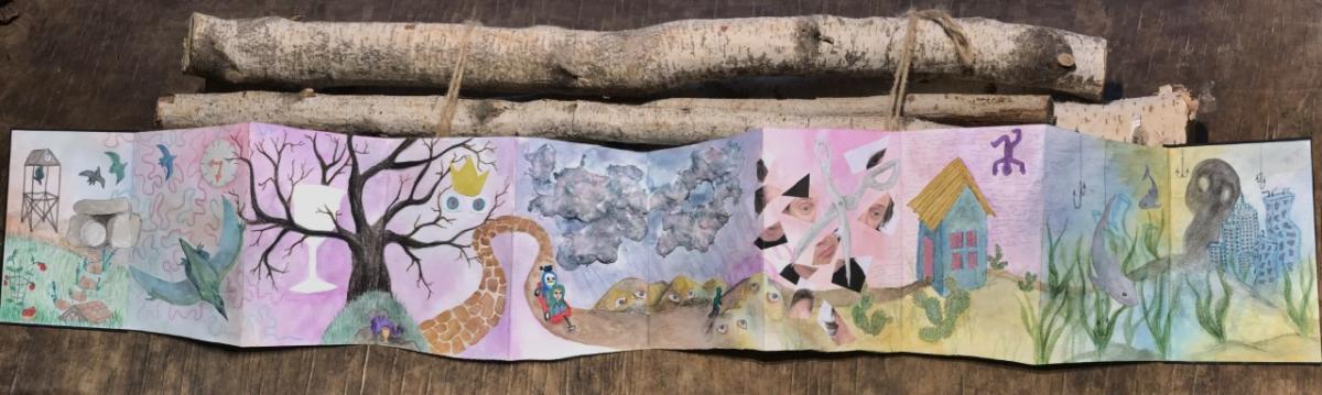 a storyboard of many different images such as a tree, pterodactyls, and a winding path