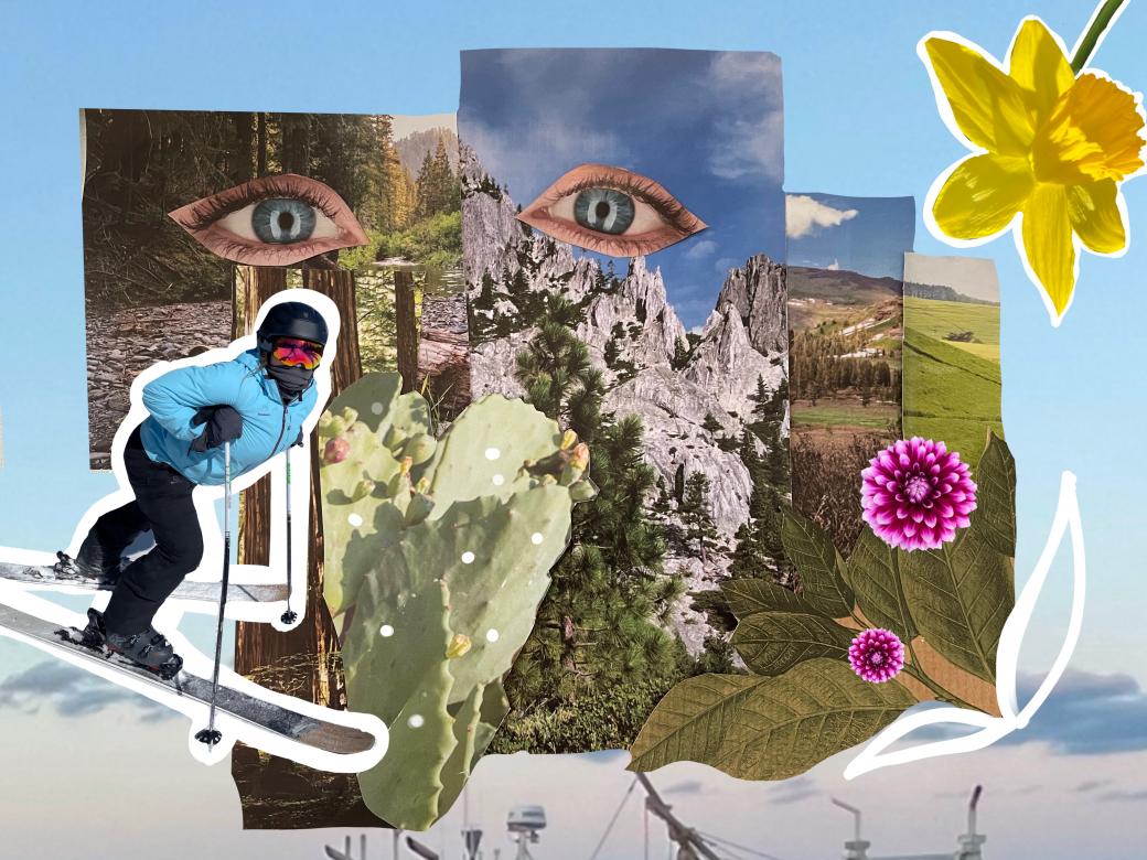 Digital collage of landscape fragments and plants on a blue sky. Two blue eyes are in the top center of the piece. To the left is a woman skiing into the composition with a white outline.  In the upper right corner is an upside down daffodil and in the bottom right are some purple dahlias with green leaves in addition to a white hand drawn leaves. 