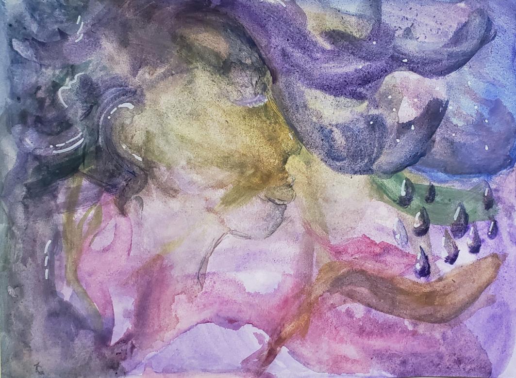 An abstract watercolor painting of purple, blue, brown, magenta, and green colors. In the far right side are some purple rain/tear drop shapes with a white shine. 