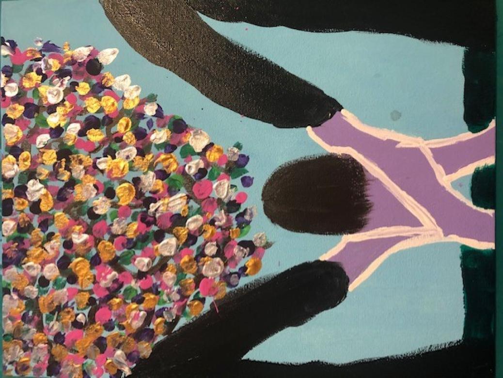 painting of purple child holding hands of black figures looking at the rainbow tree