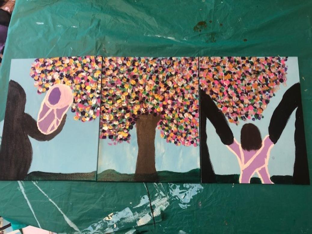 three paintings next to each other of people standing in front of a raindbow tree