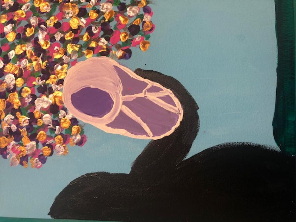 Painting of black figure holding purple baby in a blanket under a rainbow tree