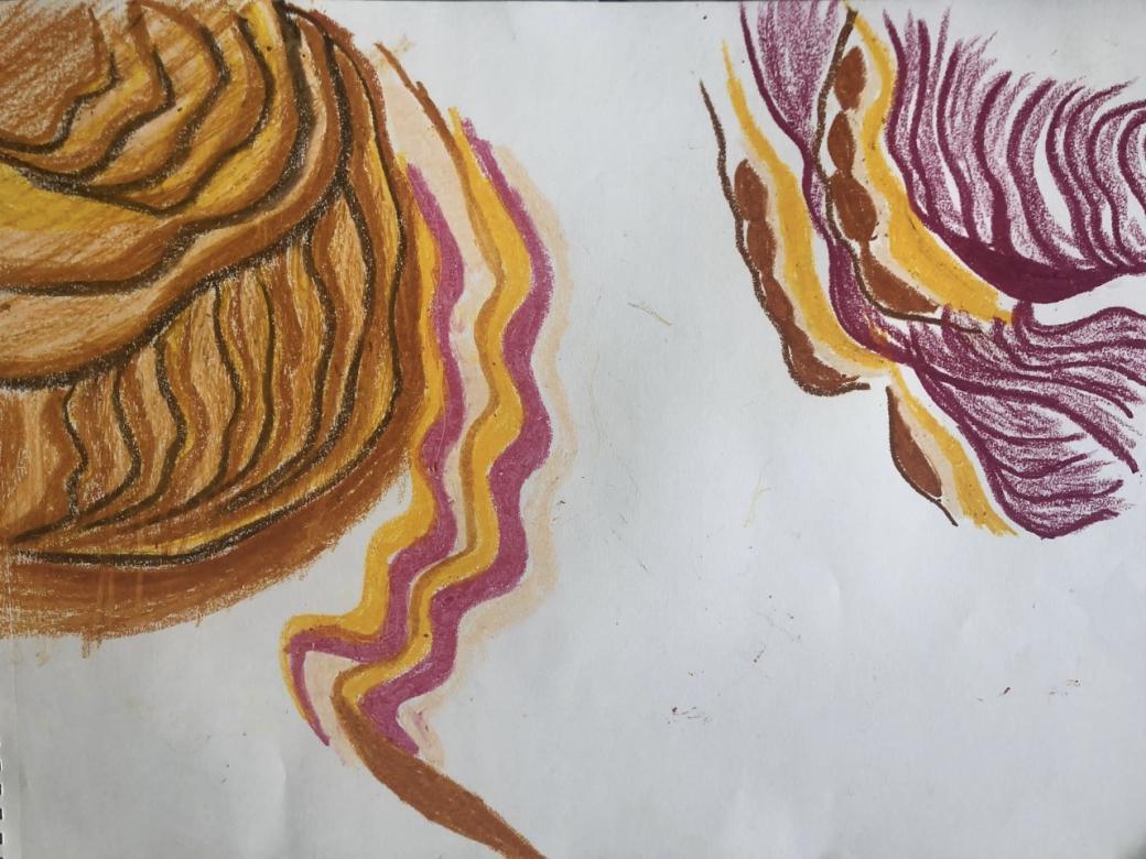brown yellow and purple paint squiggles