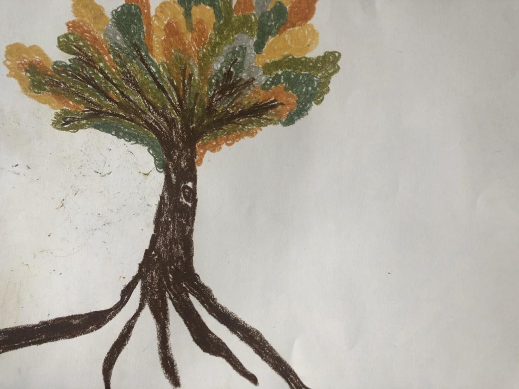painting of a tree with green and orange leaves
