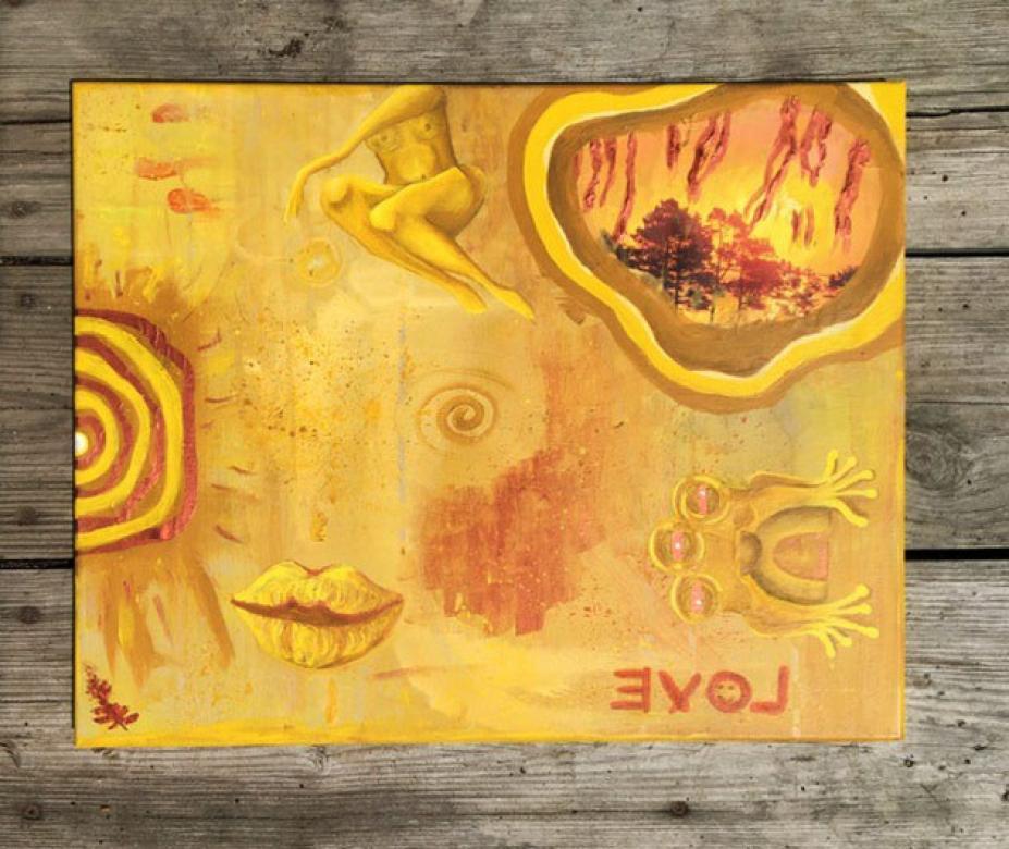 a yellow painting of lips, a three eyed frog, the word, "love," a woman's body, a sun, and a forest