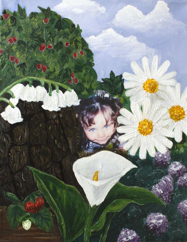 photograph of a child surrounded by painted flowers