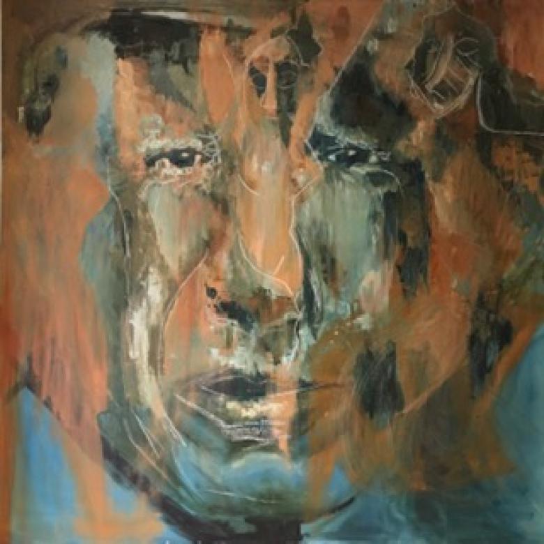 A formless face of black and white features looking at the viewer through green, copper, and black blurred paint with white lines drawn throughout.