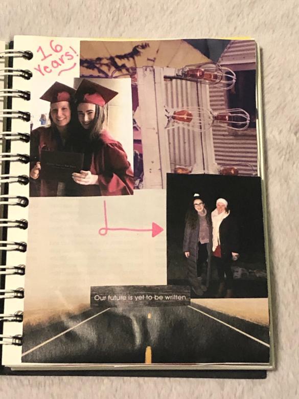 Page sixteen is continued on from page fifteen. Two pictures of my friend and I (between the ages of seventeen to twenty one) are scattered throughout the page with a light bulb background. Text at the top left hand corner reads “16 years!” and text towards the bottom of the page reads “Our future is yet to be written” 