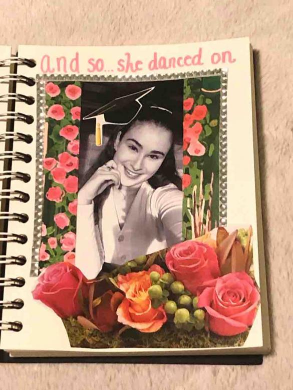 Page twenty two is the final page with a picture of me (age tweet one) in black and white smiling with a cut out grad hat on. The picture is surrounded by cut out floral pieces and a silver jeweled border. Above the border in pink lettering reads “and so…she danced on.”