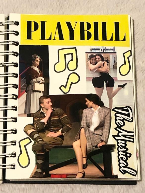 Page eighteen has text at the top of the page in yellow reading “PLAYBILL” and smaller text on the bottom right hand of the page reading “The Musical”. Three pictures of me (ranging in ages fifteen to seventeen) are split in the center of the page performing on stage in various different roles and one of my friends and I hugging in jazz shoes. The page has painted yellow and black music notes scattered throughout. 