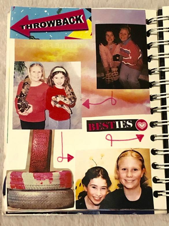 Page fifteen has text at the top of the page in a pink arrow that says “THROWBACK”. The page features numerous photos of me (between the ages of six to nine) with my close friend growing up. More pink arrows follow the pictures to show the process of our friendship growing up. A cut out of pink and silver tires are shown in the bottom left hand corner. 
