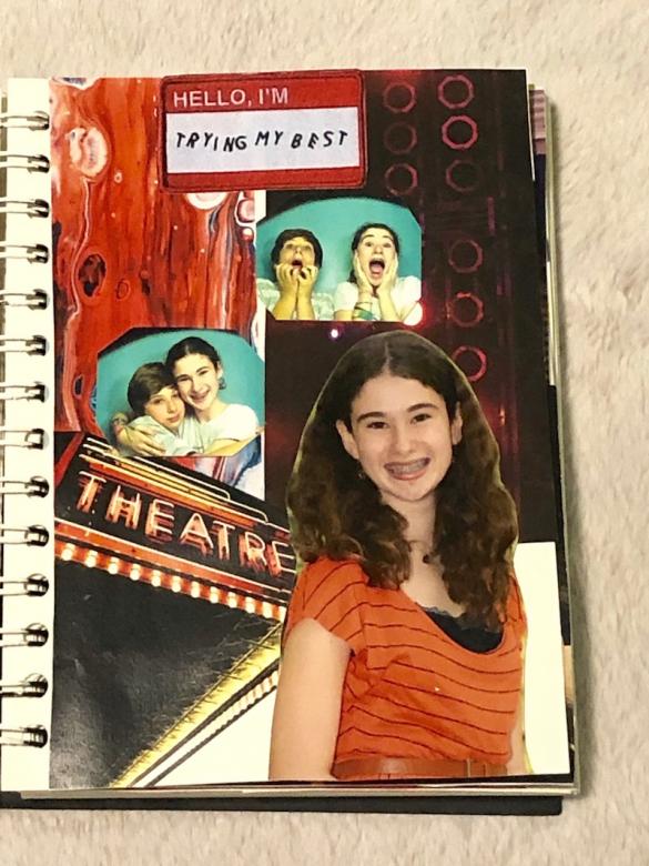 Page fourteen features the same red and blue tie-dye background with cut out text at the top of the page that reads “Hello, I’m trying my best”. The middle of the page has pictures of me (between the ages of twelve to thirteen) hugging my brother and a school portrait. The bottom left hand corner has a cut out of a theater. 
