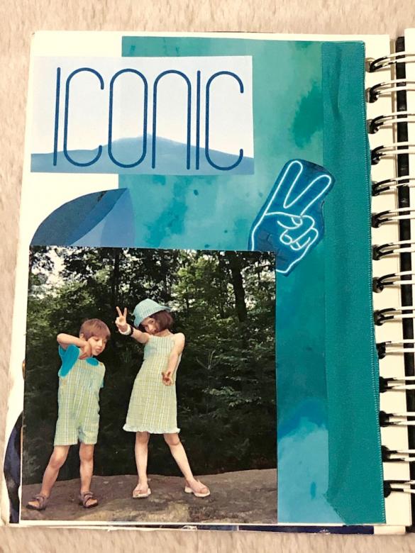 10.	Page nine has a green blue background with a turquoise ribbon on the right side of the page, a cut out blue peace sign, and the words that read “Iconic” at the top of the page. A picture of myself (age six) and my brother wearing matching blue and green outfits holding up peace signs to the camera. 