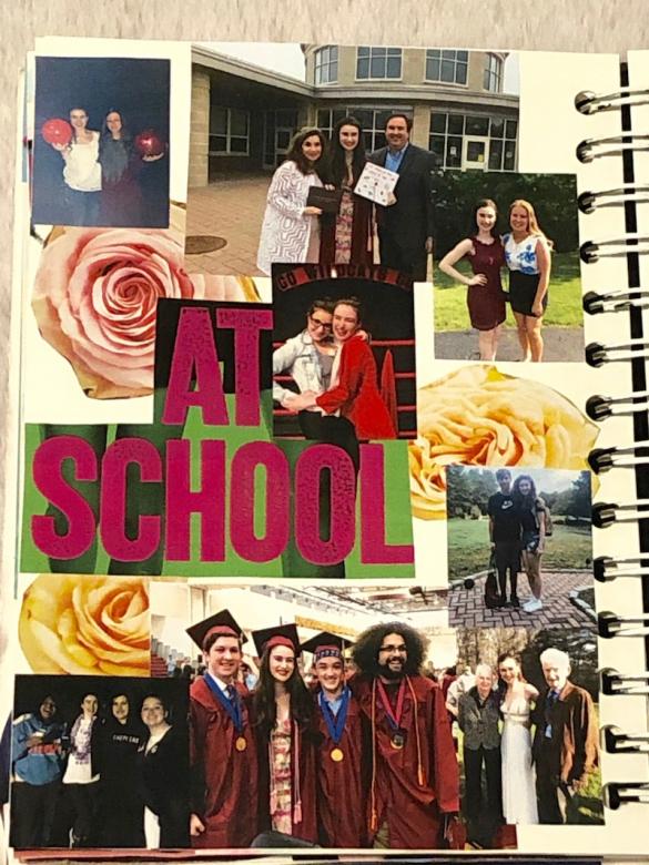 Page nineteen features eight pictures of me and friends/family (ranging in ages fourteen to seventeen) throughout high school. In the middle of the page the text reads “AT SCHOOL” and the background features two yellow roses and a pink rose cut out from magazines. 
