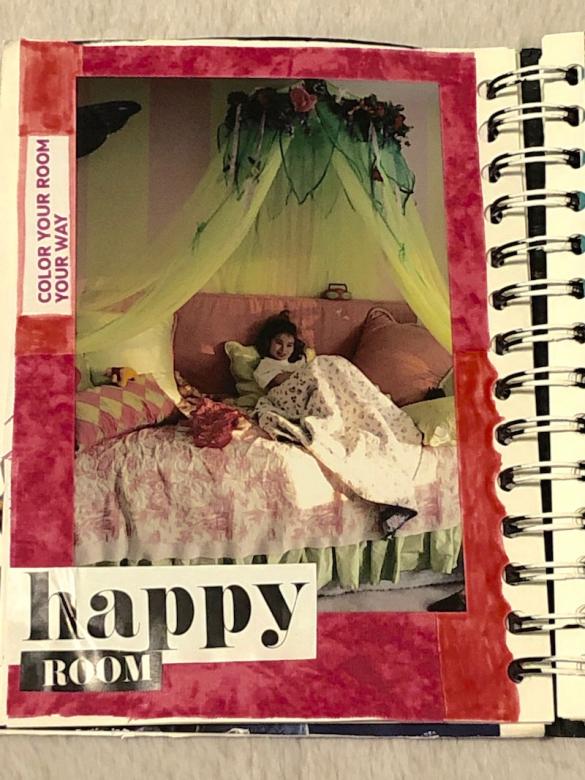 Page seven has a pink fabric background with a photo of myself in my pink and green bedroom (around age five to six). The cut out text on the page reads “Color your room your way” on the left hand side of the page and “happy room” text is shown at the bottom of the page.
