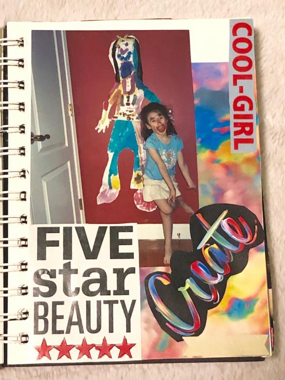 Page ten is multi-colored with a couple of pieces of text throughout the page reading “Five star beauty”, “COOL-GIRL”, and “Create”. A picture of me towards the top of the page (age six) shows a piece of artwork I made and myself in what I presume is makeup or face painting. 