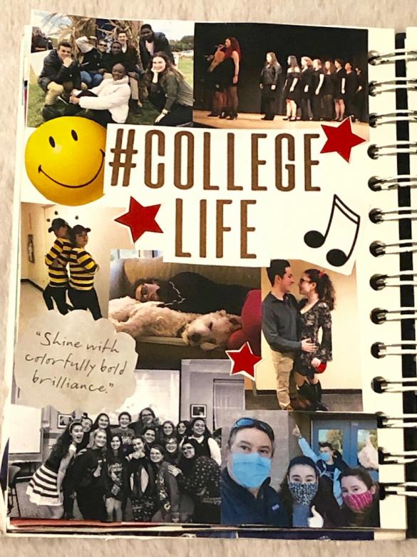 Page twenty one has seven pictures of me and friends/family (ranging in ages eighteen to twenty one) scattered throughout the page. In the middle of the page is text that reads “#COLLEGELIFE” and in smaller lettering towards the bottom of the page, a speech bubble reads “Shine with colorfully bold brilliance”. Throughout the page cut outs of a yellow happy face, red stars, and a black music notes surround the pictures. 