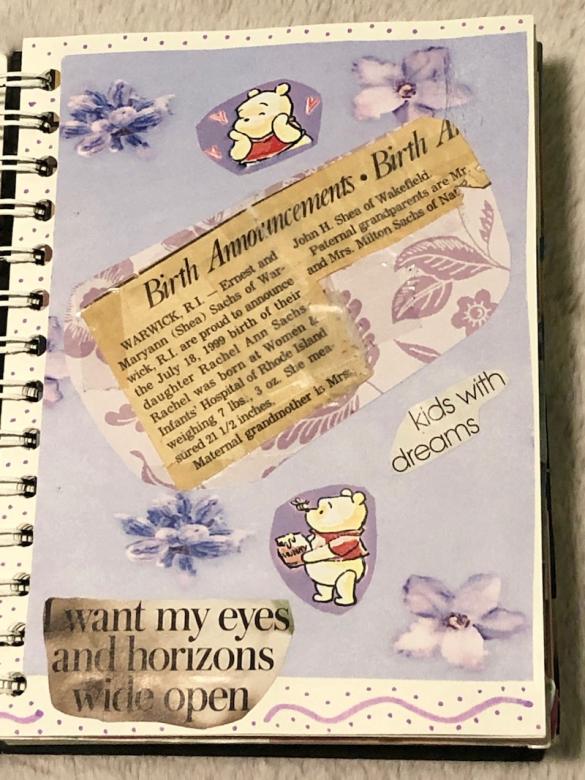 Page two has a light lavender background with purple flowers and Winnie the Pooh cut outs. The middle of the page features my birth announcement in the newspaper from 1999.