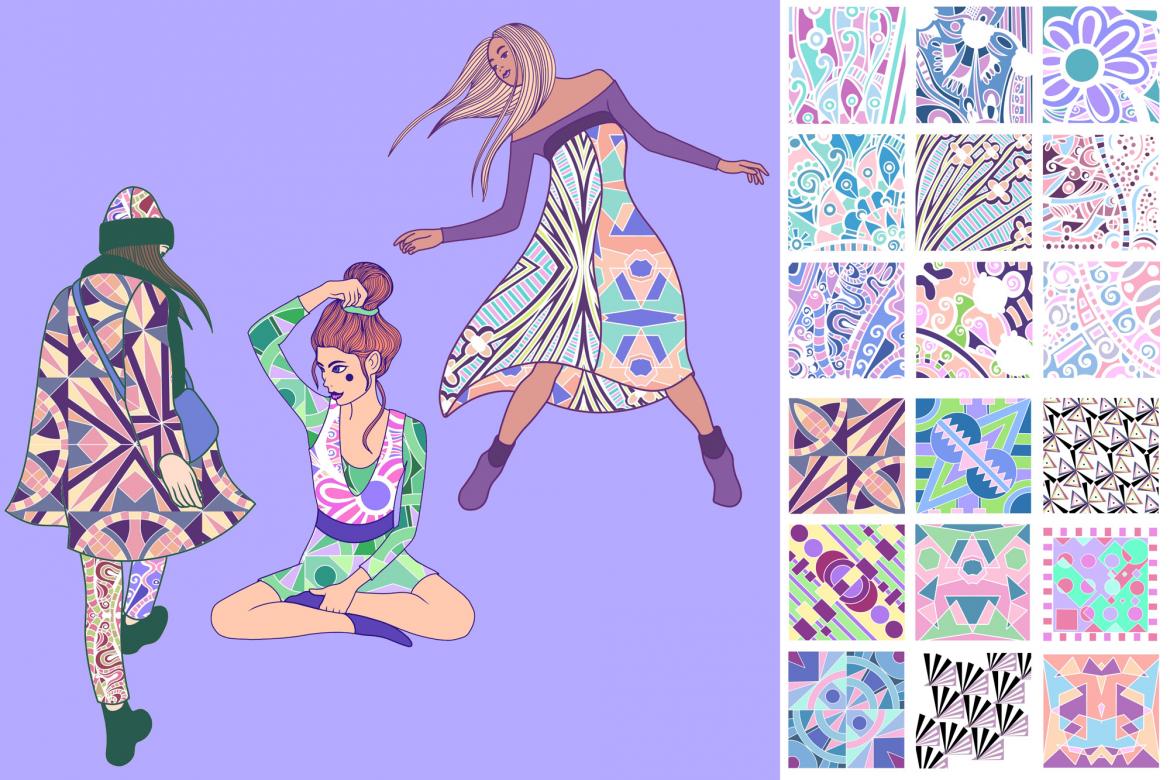 Pastel illustration of three women posing, showing off the clothes they are wearing. On the right of the three women is a grid 18 different floral, swirly, and geometric patterns, some of which tthe women are wearing.