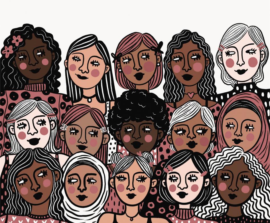 Illustration of fifteen women from the neck up standing in three rows of five. The women are a diverse range of skin-tones and all wear pink, white, and/or black. They look at each other. All have pink circles of blush on their cheeks.