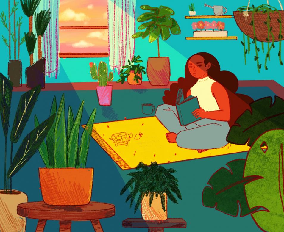 Illustration of a brown-skinned girl surrounded by potted plants, sitting cross-legged, reading a book in the fading sunlight shining through the window where a sun can be seen setting.  