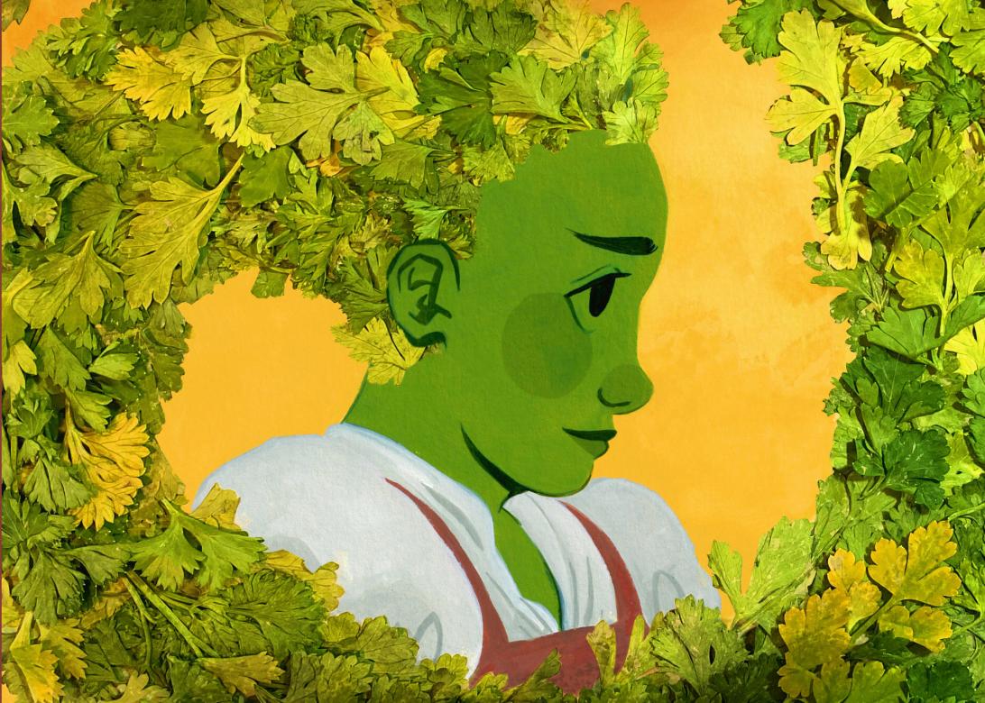Illustration of a person with green skin. Real green leaves are used for the person's hair.
